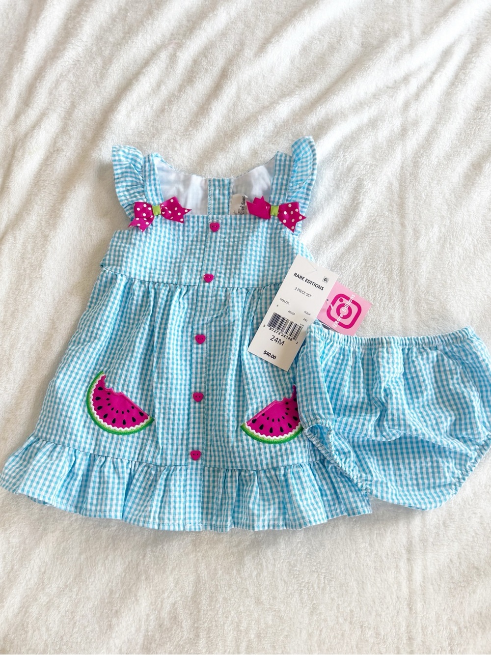 Rare Editions Baby Girls Flutter-Sleeve Watermelon-Applique Seersucker Dress NWT